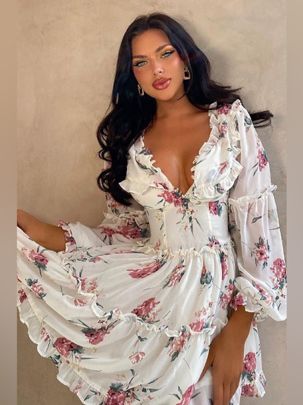 Fashion Nova White Floral Ruffle V-Neck Tiered Maxi Dress